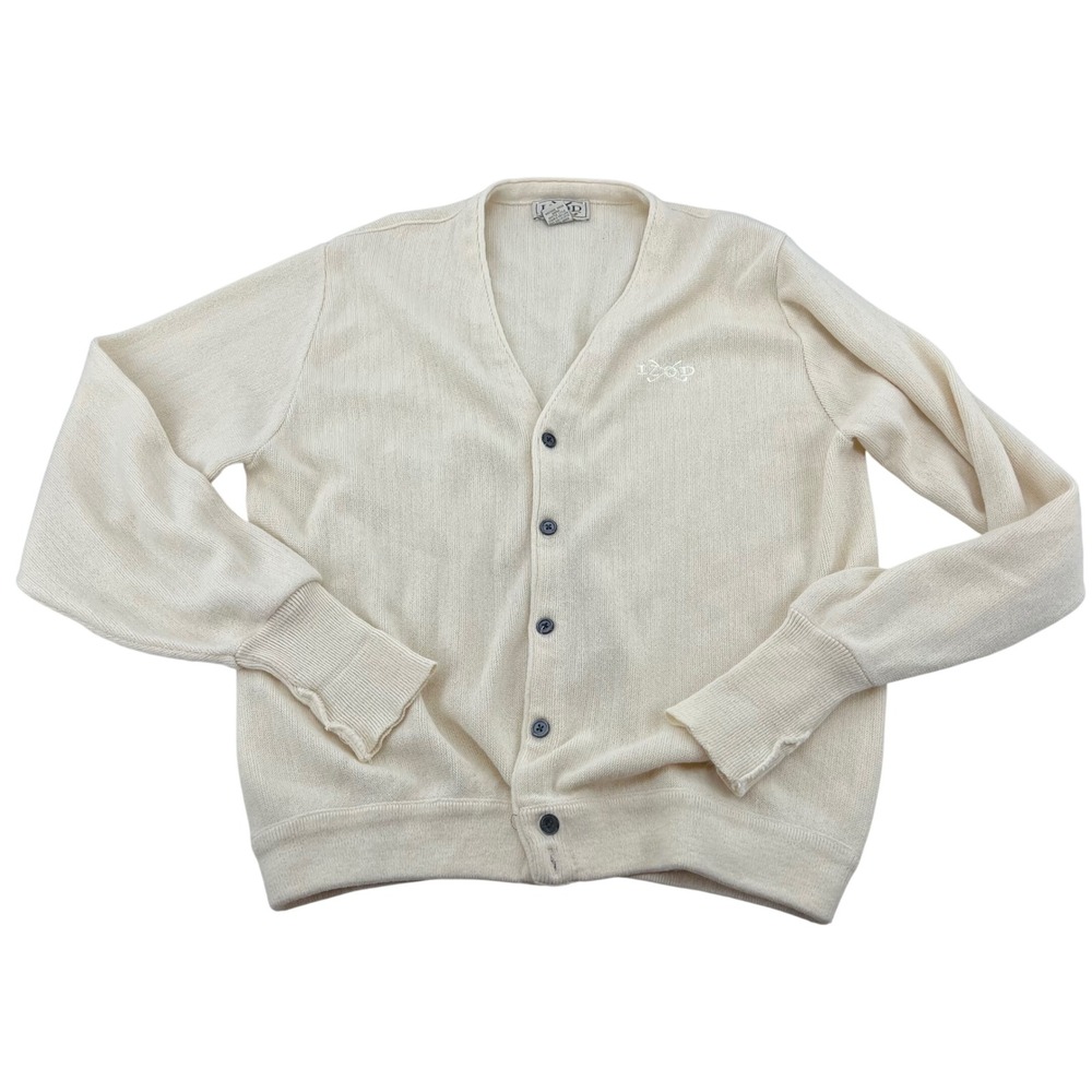 IZOD Mens Cream Knit Cardigan Sweater V Neck Button Front Logo Size Large‎